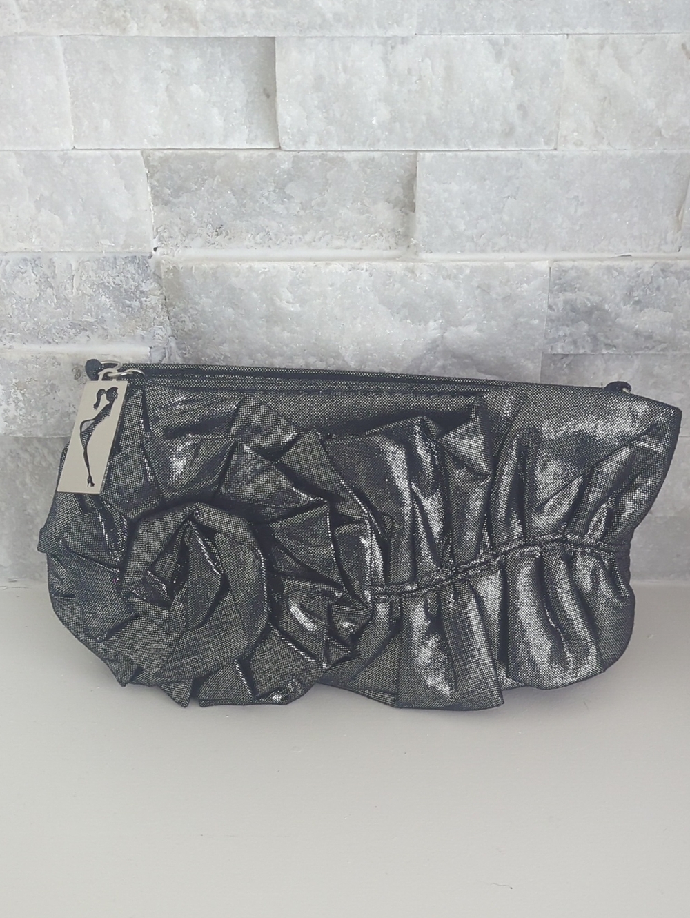 Dollhouse Metallic Charcoal Ruffle Clutch 10Wx5 5L NWOT